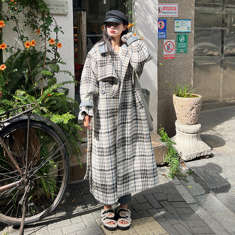 格子毛呢外套大衣女2024冬季加厚高级感韩系复古休闲宽松大码新款,女装毛呢外套,郎佰婉