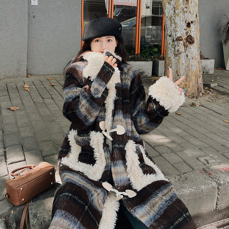 加厚保暖格子羊羔毛毛呢外套女2025冬季新款韩系复古中长款大衣潮,女装毛呢外套,郎佰婉