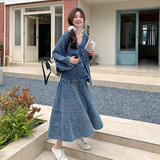 韩系慵懒chic穿搭蓝色上衣套装女初春秋超火好看高级感长裙三件套，女装套装/套裙，郎佰婉