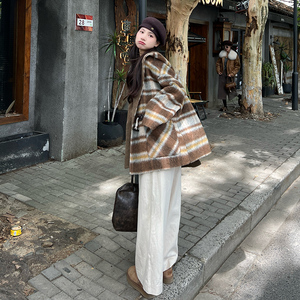 条纹中长款牛角扣连帽毛呢外套女秋冬超好看高级小众加厚呢子大衣图片