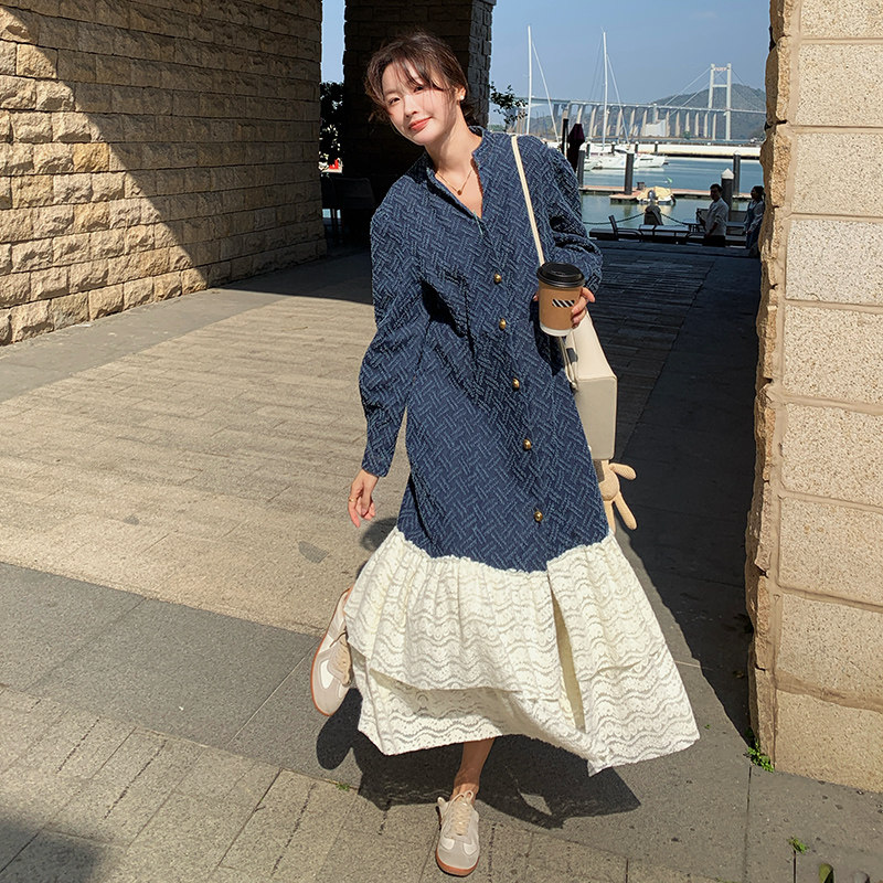 蕾丝拼接牛仔连衣裙女2025年春季新款韩版宽松复古时尚高级感长裙,女装连衣裙,郎佰婉