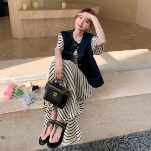 2025夏季新款韩系牛仔条纹连衣裙套装女高级感小众休闲时尚两件套图片