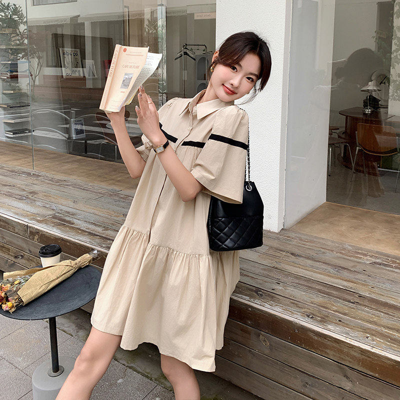 法式复古泡泡袖连衣裙女2025夏季新款高级感气质宽松小个子衬衫裙,女装连衣裙,郎佰婉