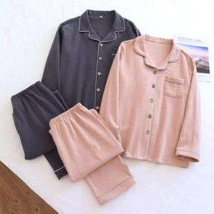 出口日本加厚纯棉情侣睡衣男女士简约纯色全棉长袖长裤家居服宽松