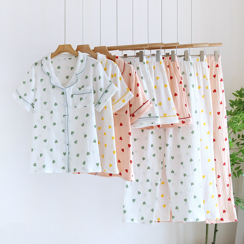 爱心纯棉纱布女款睡衣三件套装短袖短裤长裤春夏季薄款翻领家居服