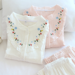 日系清新女睡衣春秋薄款纯棉麻绉布白色长袖家居服小圆领刺绣夏季