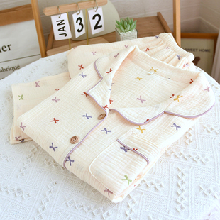 出口睡衣女款全棉麻双层纱布长袖春秋夏季长袖长裤直筒印花家居服