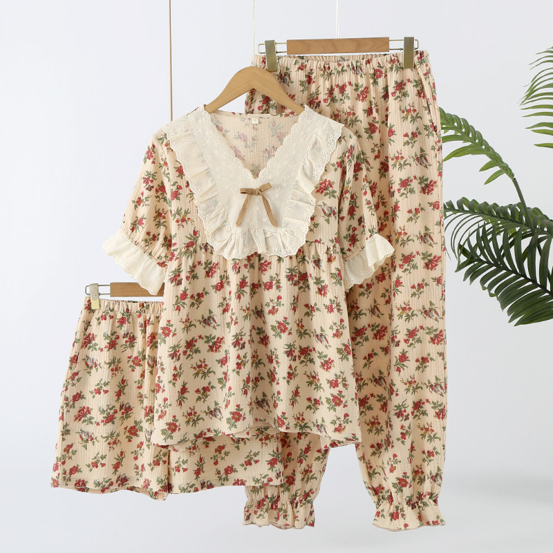 公主风三件套纯棉纱布睡衣女款V领蕾丝短袖短裤长裤带口袋春夏季