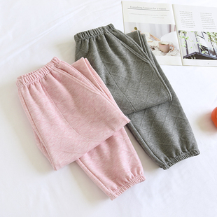 三层保暖睡裤 情侣秋冬纯棉空气层夹棉厚纯色收口宽松男女家居长裤