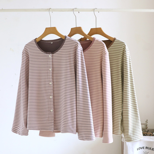 保暖德绒女长袖上衣秋冬季25新款圆领条纹开衫单件家居服春天外套