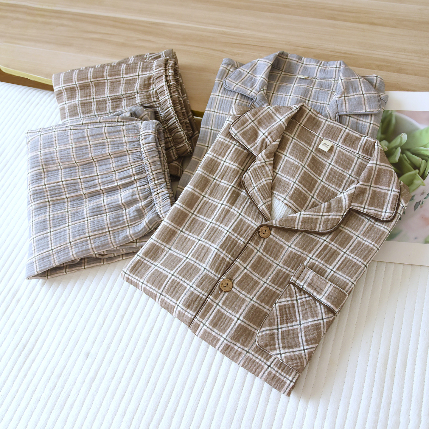 无印风简约格子男士全棉麻绉纱布线格春秋夏长袖长裤开衫睡衣套装,女士内衣/男士内衣/家居服,睡衣/家居服套装,淘宝优惠券,粉丝福利购,淘宝优惠卷