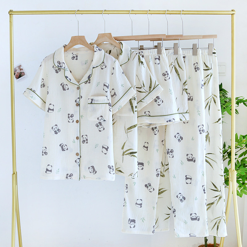 婴儿棉睡衣三件套装短袖长裤短裤女春夏季纯棉纱布熊猫竹子家居服