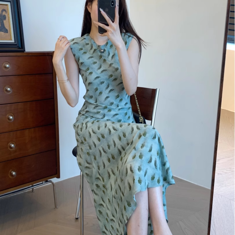 优雅浪漫风情碎花油画印花连衣裙