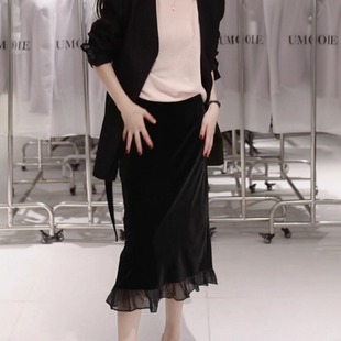 高级优雅温柔荷叶黑纱垂顺丝绒裙中长款鱼尾半身裙女荷叶摆半裙