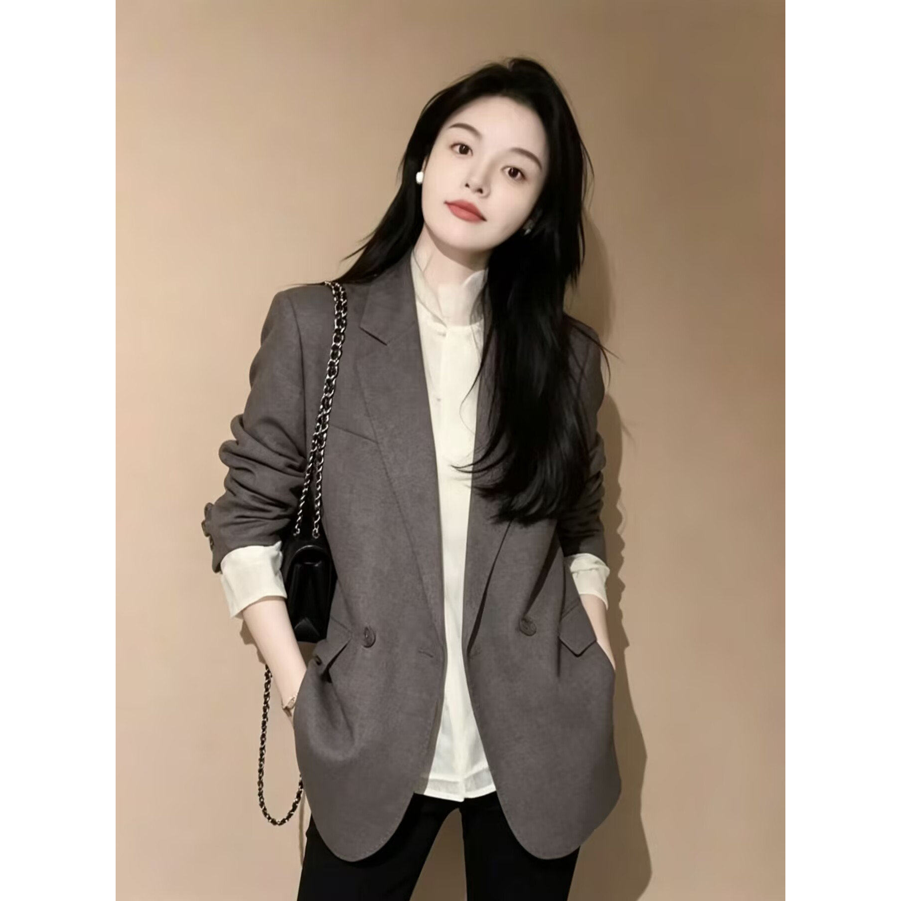 通勤千鸟格羊毛双排扣女西装