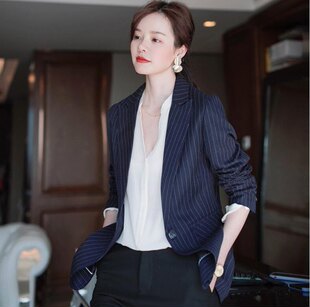 日系秋冬女职场OL气质通勤中长款经典条纹一粒扣长袖西装外套上衣