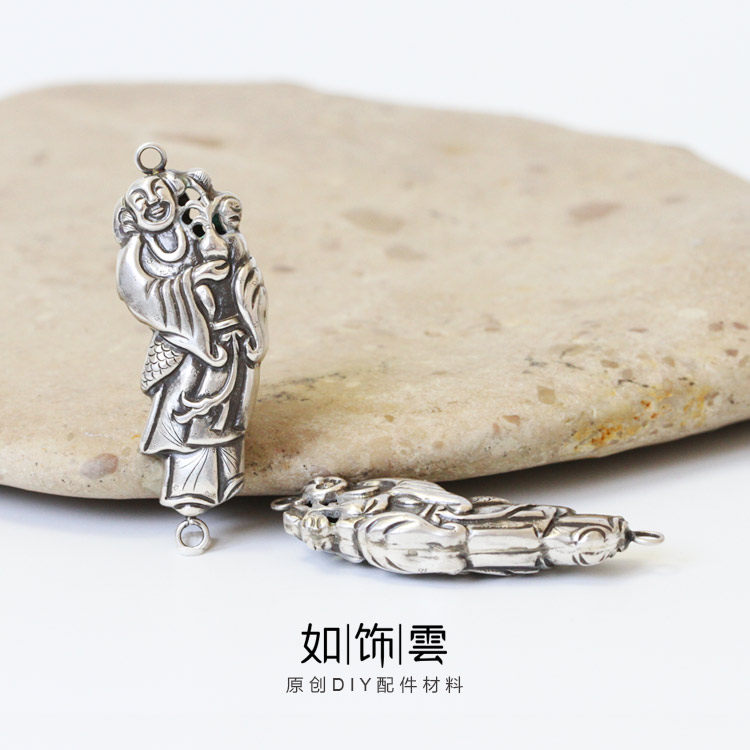 如饰 童子持莲双环挂件 925银做旧半手工仙人送福招财diy吊饰 DY
