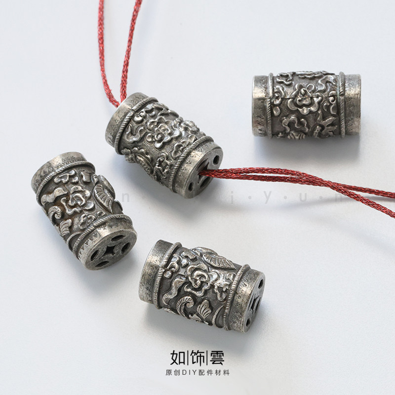 925银纯手工錾刻龙凤呈祥桶珠