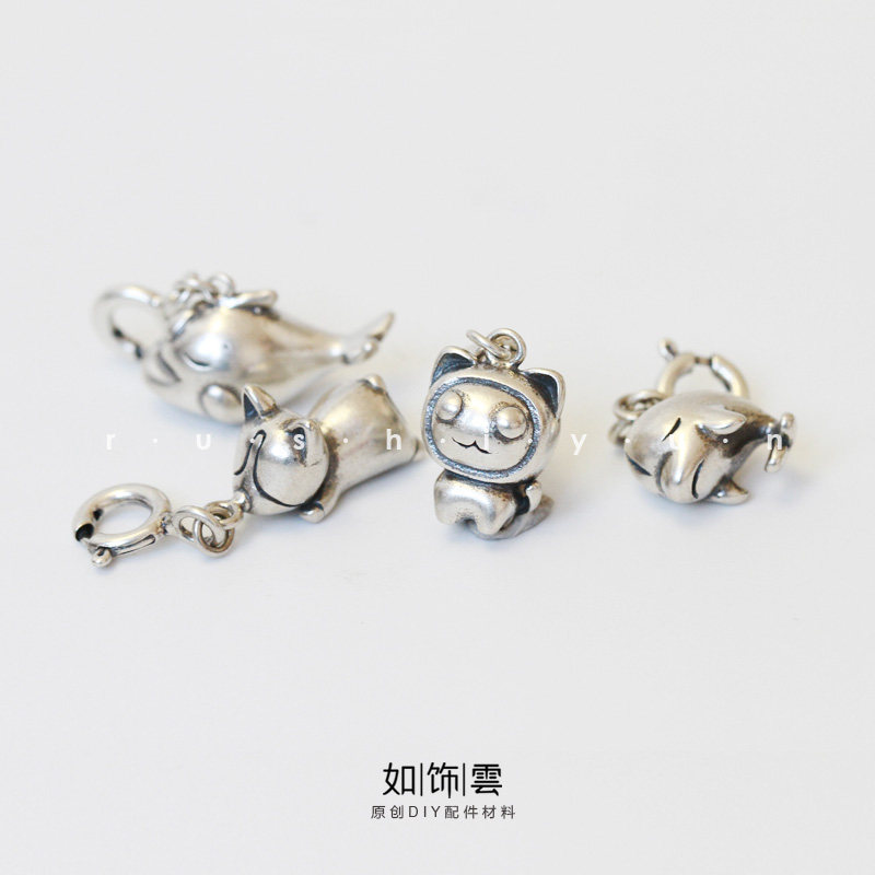 如饰 猫咪柴犬海豚鲸鱼大象吊坠 S925银海洋动物项坠diy银吊饰 JA