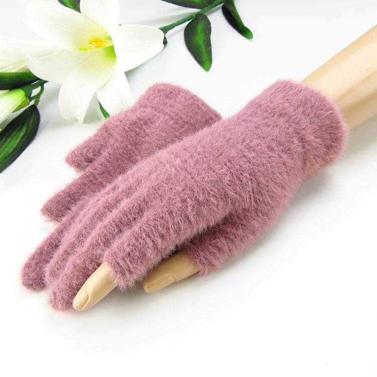 秋冬季仿貂绒露二指手套女时尚保暖纯色办公作业半指学生手套韩版