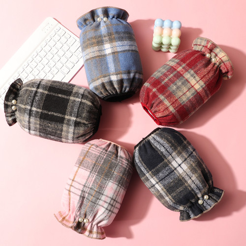 秋冬短款格子珍珠袖套