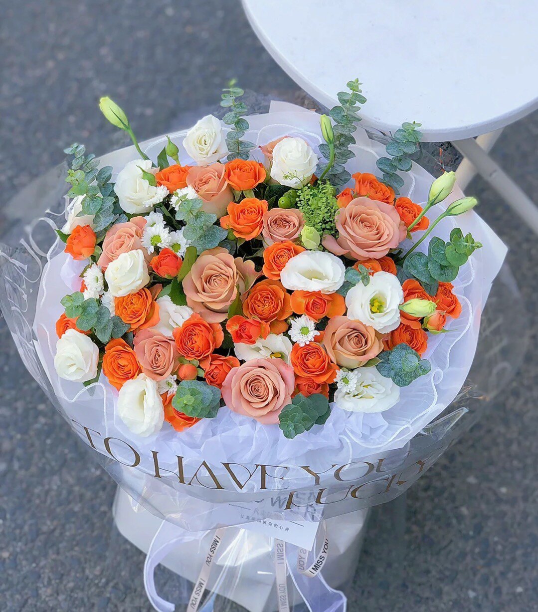 北京鲜花速递卡布奇诺玫瑰橙色芭比白色桔梗混搭花束生日祝福