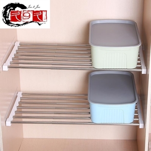 伸缩杆置物架厨房柜子收纳分层架衣柜隔板收纳柜分层放锅内部内分