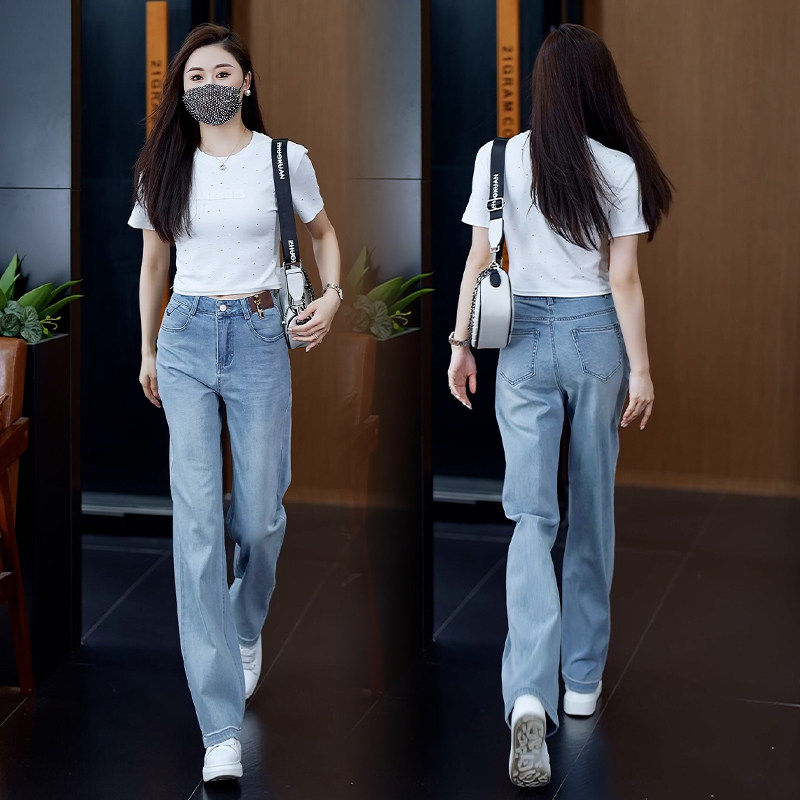 浅色高腰窄版阔腿牛仔裤女2025夏季薄款新款显瘦宽松垂感直筒裤子