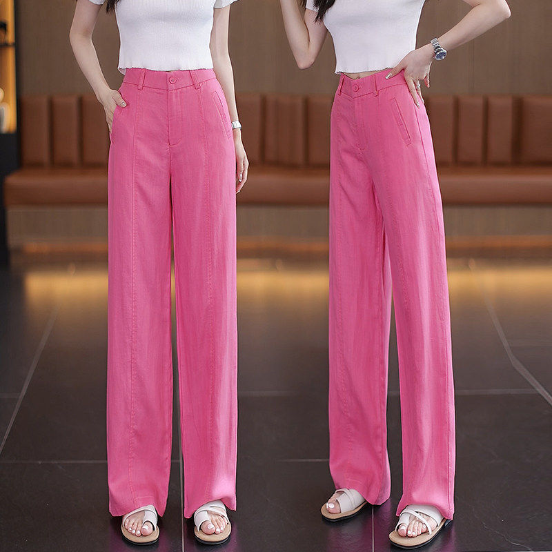玫瑰粉天丝亚麻阔腿裤女薄款2026夏季新款慵懒风垂感拖地休闲裤子