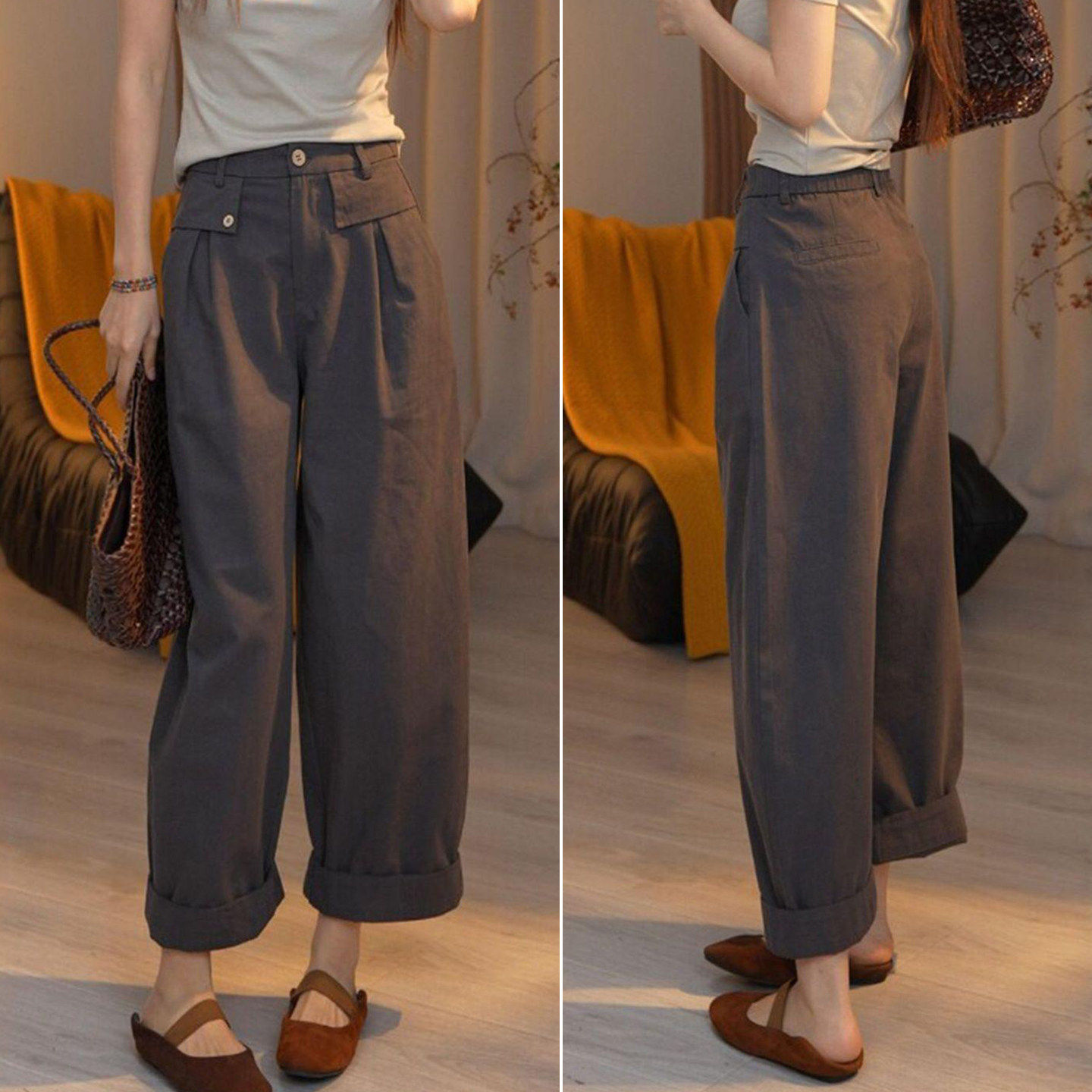 九分阔腿裤女2026年春秋季新款高腰显瘦宽松bf慵懒风弯刀休闲裤子