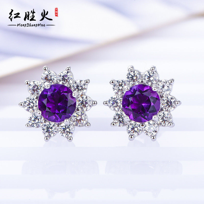 부를 모으는 클래식 라운드 다이애나 왕세자비 스타일 천연 자수정  도금 18 플래티늄 귀걸이 반지 펜던트 세트 프리 체인