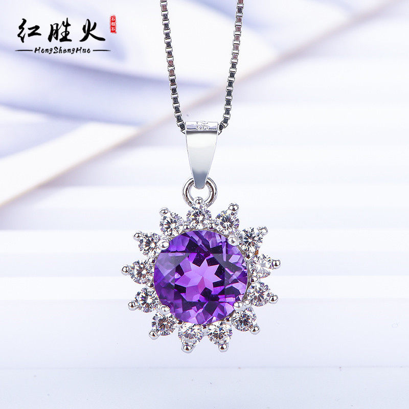 부를 모으는 클래식 라운드 다이애나 왕세자비 스타일 천연 자수정  도금 18 플래티늄 귀걸이 반지 펜던트 세트 프리 체인