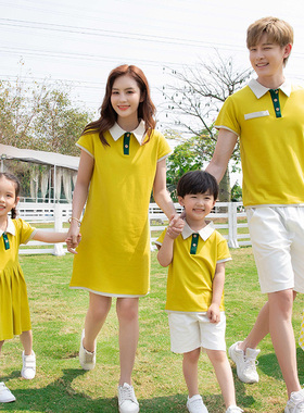 黄色亲子装夏装POLO衫裙一家三四口家庭母子母女母子装幼儿园园服