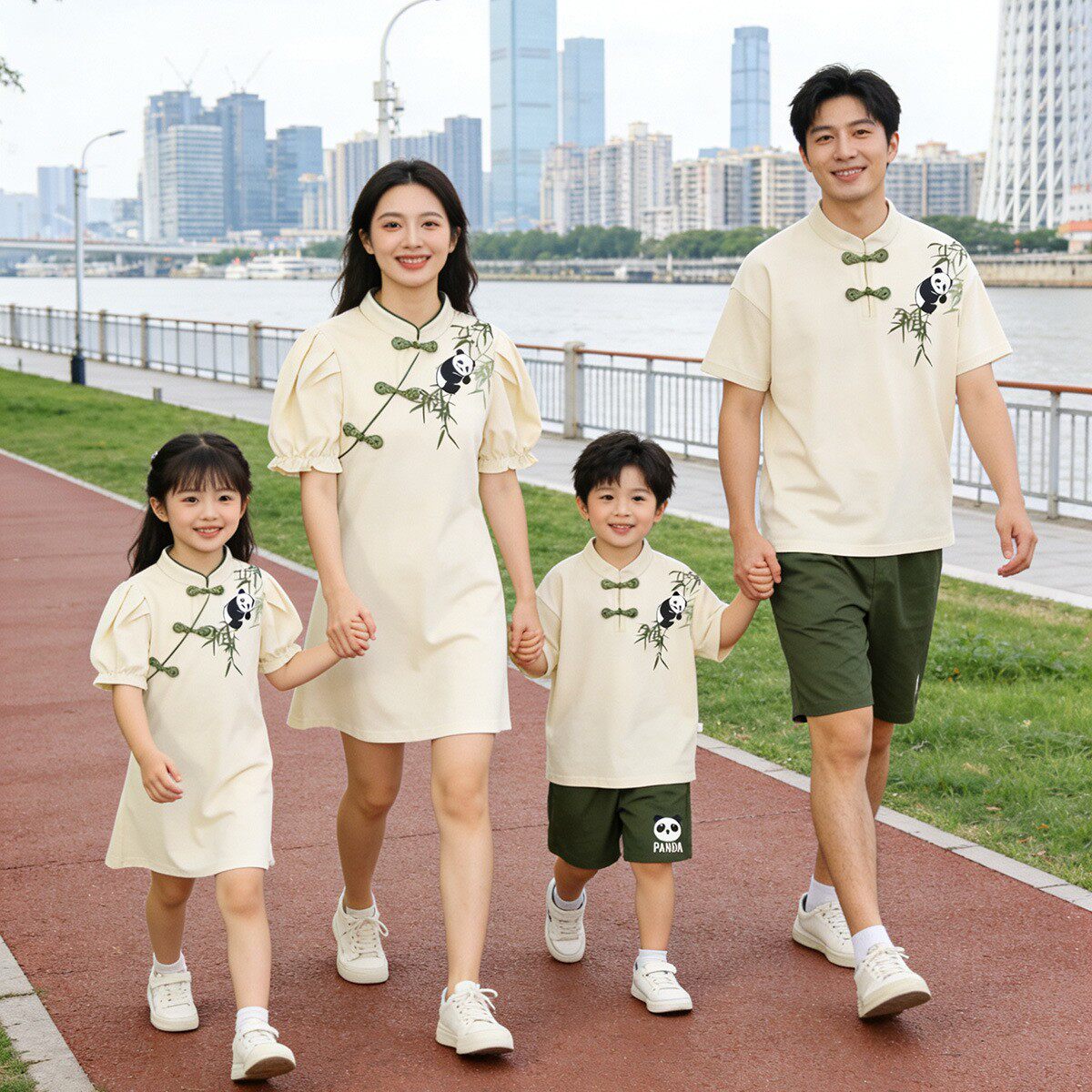 新中式亲子装2026夏季国风母子装熊猫刺绣polo衫短袖t 母女连衣裙