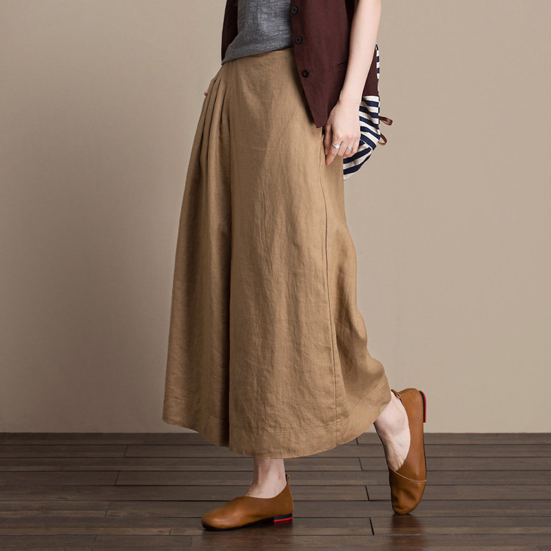 简约休闲亚麻阔腿裤女夏高腰显瘦裙裤纯色百搭亚麻直筒裤大脚裤子
