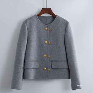 高级感双面绒大衣女秋冬新款短款小个子小众设计感圆领毛呢外套