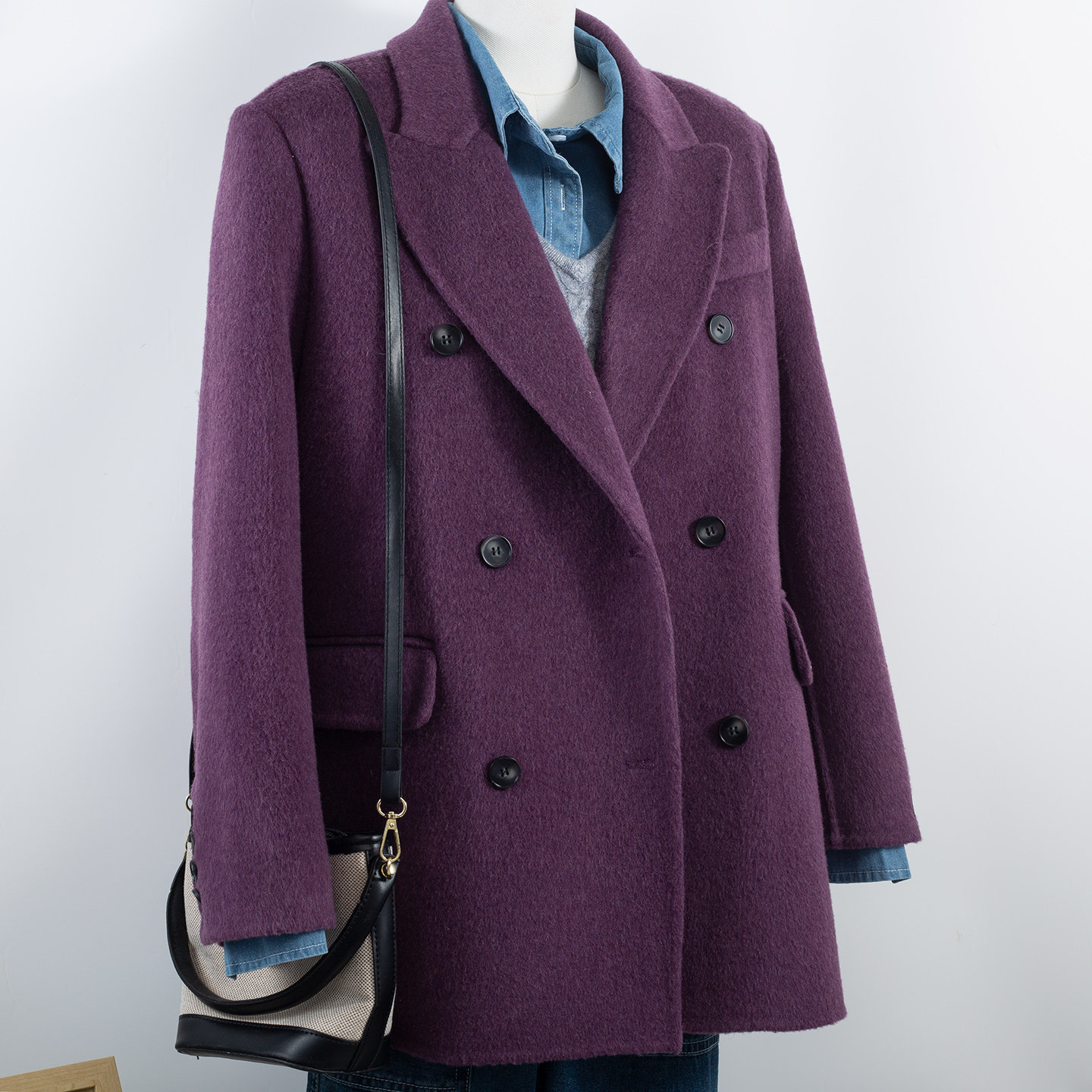 轻奢风紫色双面呢大衣女羊毛西装领外套气质呢子新款小个子西服,男装,毛呢大衣,淘宝优惠券,粉丝福利购,淘宝优惠卷