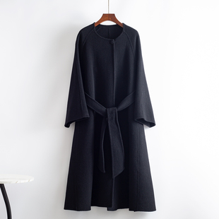 圆领大衣女加长款过膝纯黑色双面绒外套2025秋冬新款宽松加厚双面