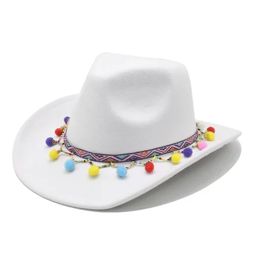 新款时尚跨境Cowboy Hat 流苏球设计装饰爵士帽亚马逊遮阳毡帽
