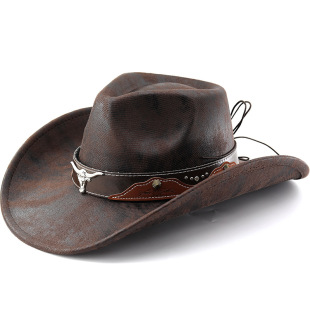 牛头皮带铆钉爵士帽男女春夏秋户外出游遮阳帽大沿皮质西部牛仔帽