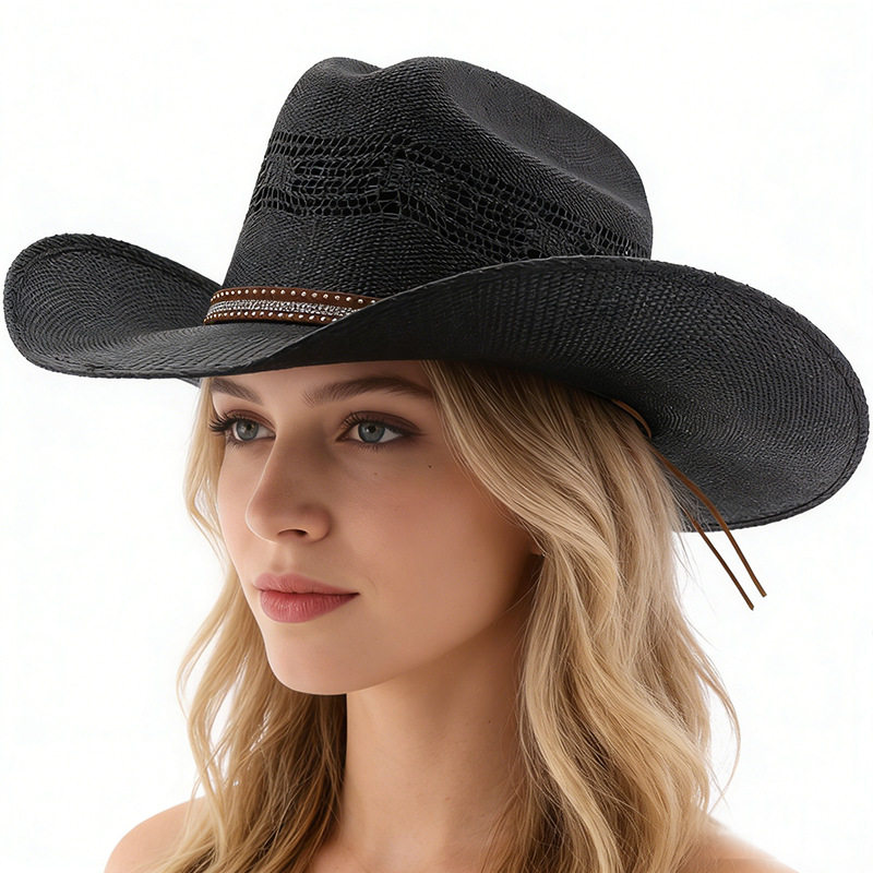 2026镂空编织西部牛仔帽男女防晒遮阳礼帽跨境外贸钻带装饰帽子