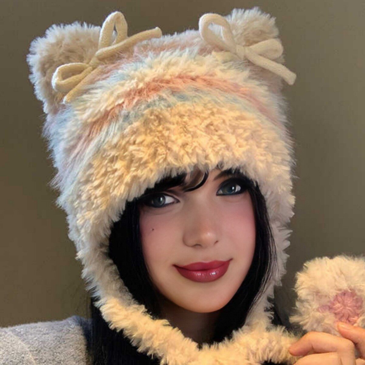 欧美蝴蝶结猫耳朵帽子女款可爱毛绒保暖针织帽大头围显脸小毛线帽