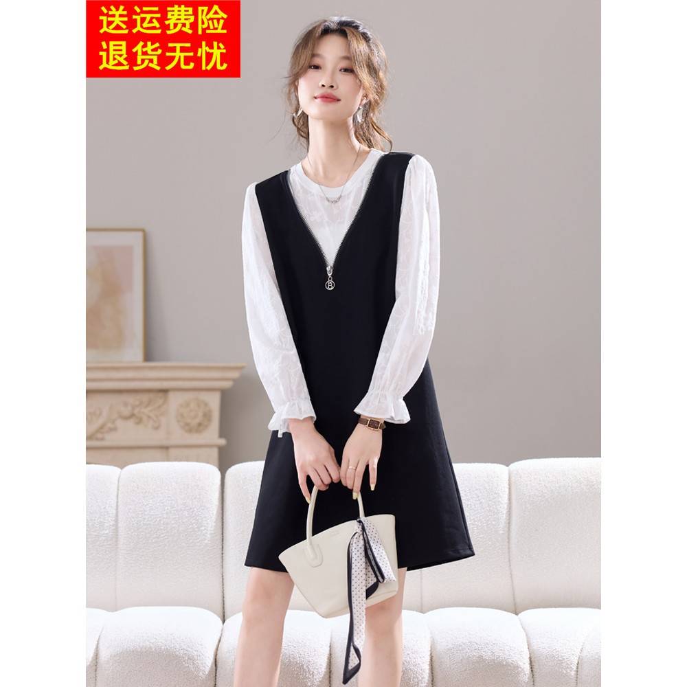 秋季新款拼接长袖连衣裙宽松显瘦拉链设计中长款拼色假两件裙子女