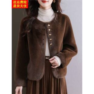 咖色女装高端皮毛一体仿水貂毛绒皮草大衣短款圆领毛绒绒外套秋冬