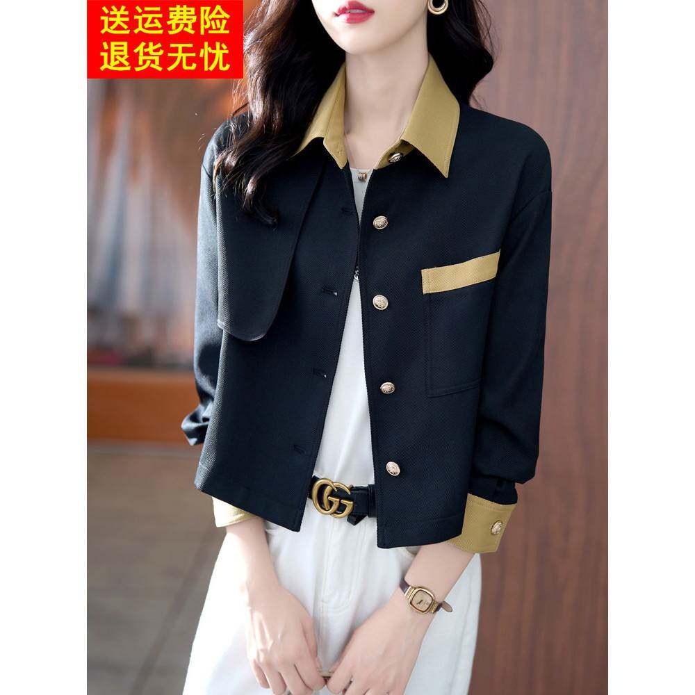 穿小香风格短夹克2025秋季新时尚翻领高黑色短外套的妇女