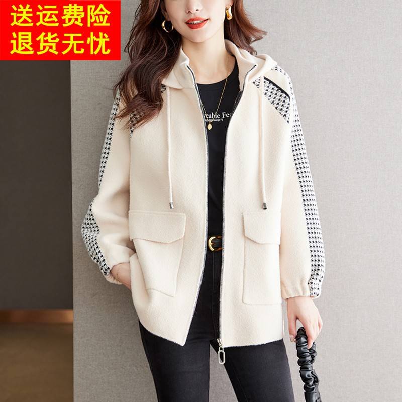 时尚连帽双面羊绒大衣女秋冬胖mm大码休闲遮臀显瘦高级感毛呢外套