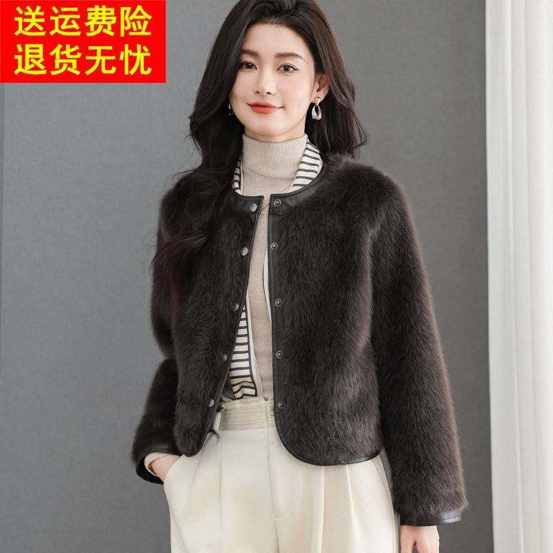 小香风圆领仿水貂毛皮草外套女士短款开衫极简风皮毛一体开衫上衣