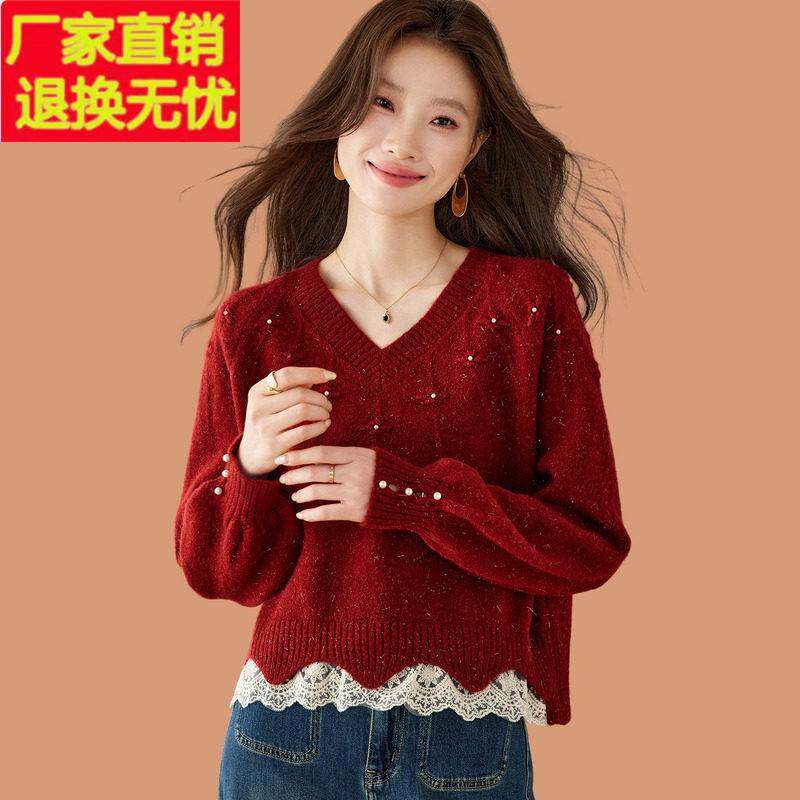 红色毛衣女款2026新款小个子短款羊毛衫秋冬蕾丝边钉珠上衣配裙子