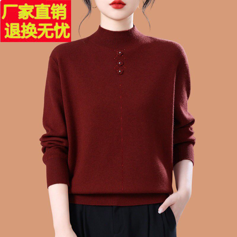 立体绣花烫钻半高领毛衣女秋冬新款洋气可外穿内搭加厚羊毛打底衫