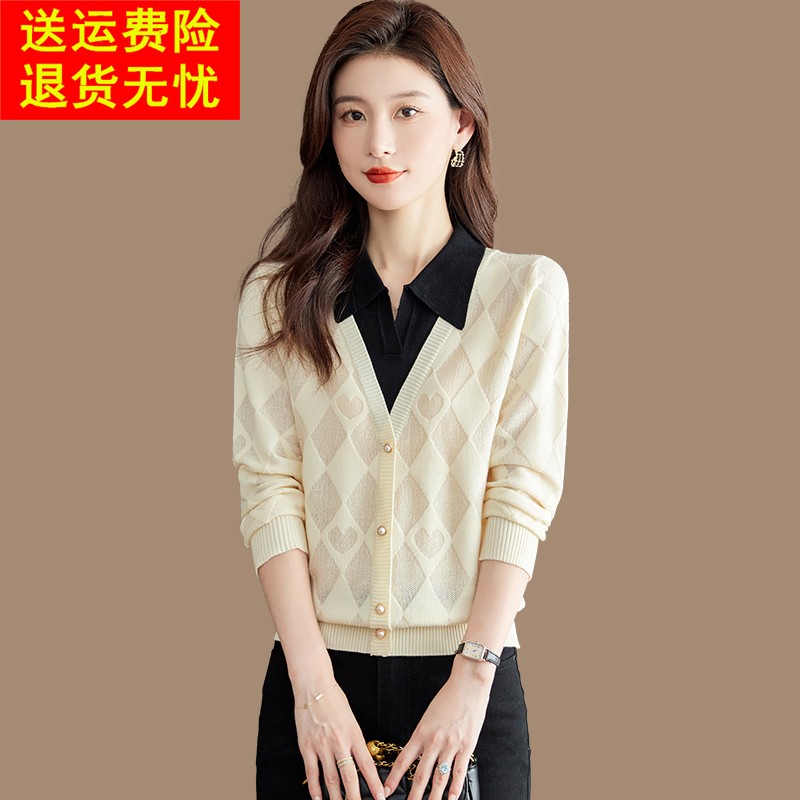 衬衫领假两件上衣羊毛衫女春秋polo针织衫撞色秋冬显瘦毛衣打底衫